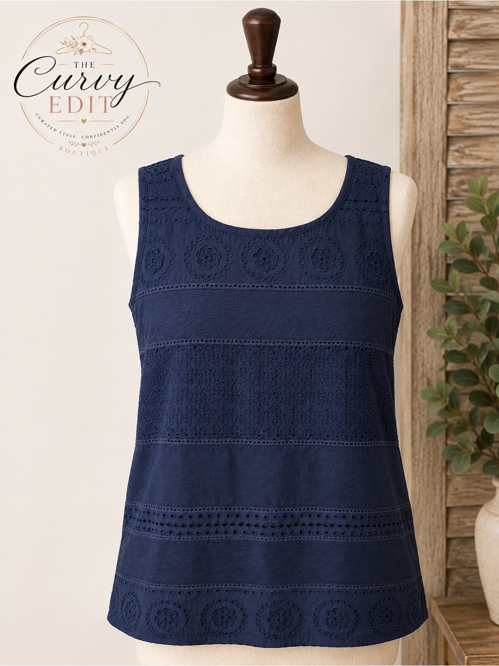 Talbots Plus 1X Deep Navy Eyelet Embroidered Cotton Sleeveless Top NWT Classic